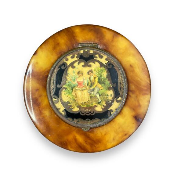 Other - Antique Victorian Celluloid Faux Burl Wood Lovers Couple Nice Wool Puff Compact